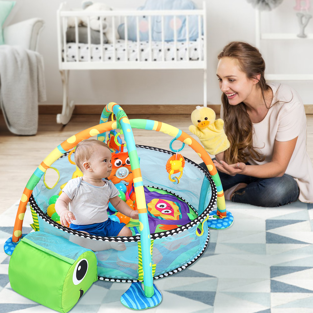 Baby Play Mat, 3 in 1  Baby Play Gym Activity Mat, with Hanging Toys and Ocean Balls,  for Infants Toddlers, Blue Turtle - image 3 of 9