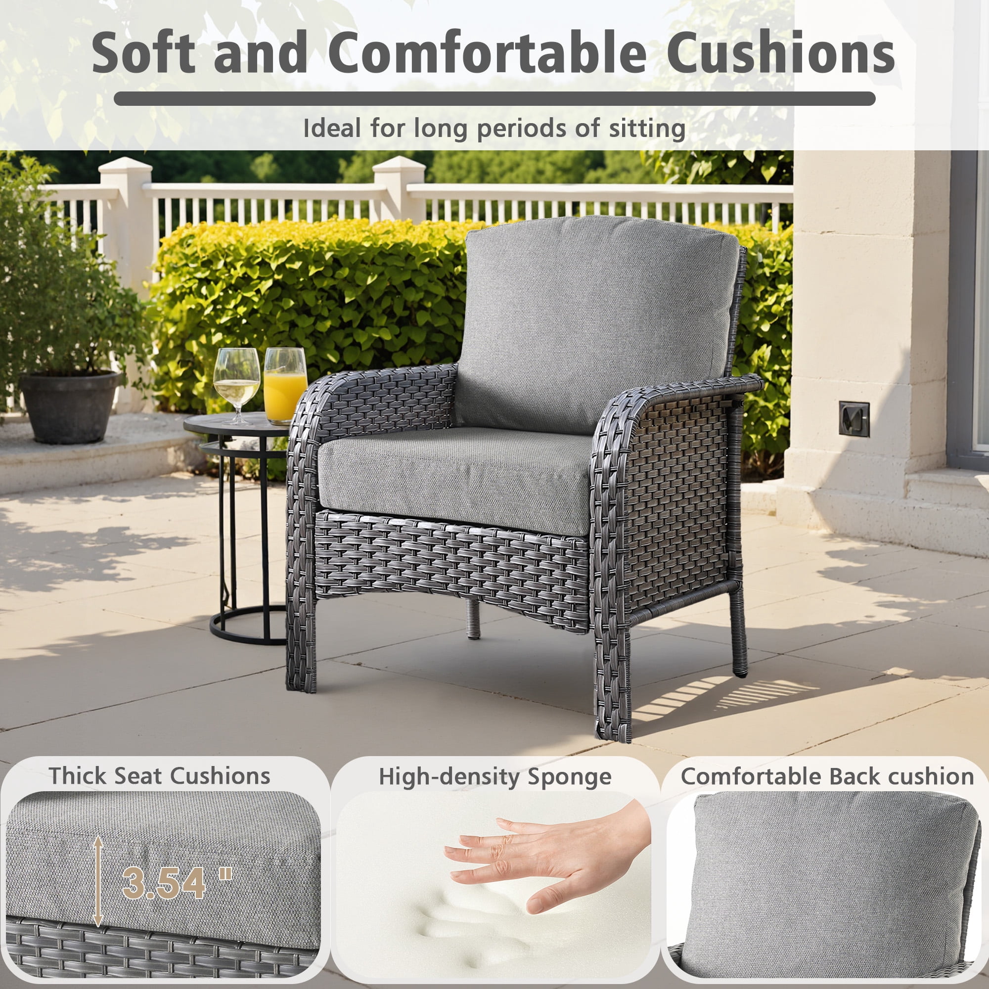 Ovios Patio Chairs Set of 2 All-Weather Wicker Patio Furniture Chairs Set Rattan High-Back Outdoor Armchairs with Cushions, Dark Grey