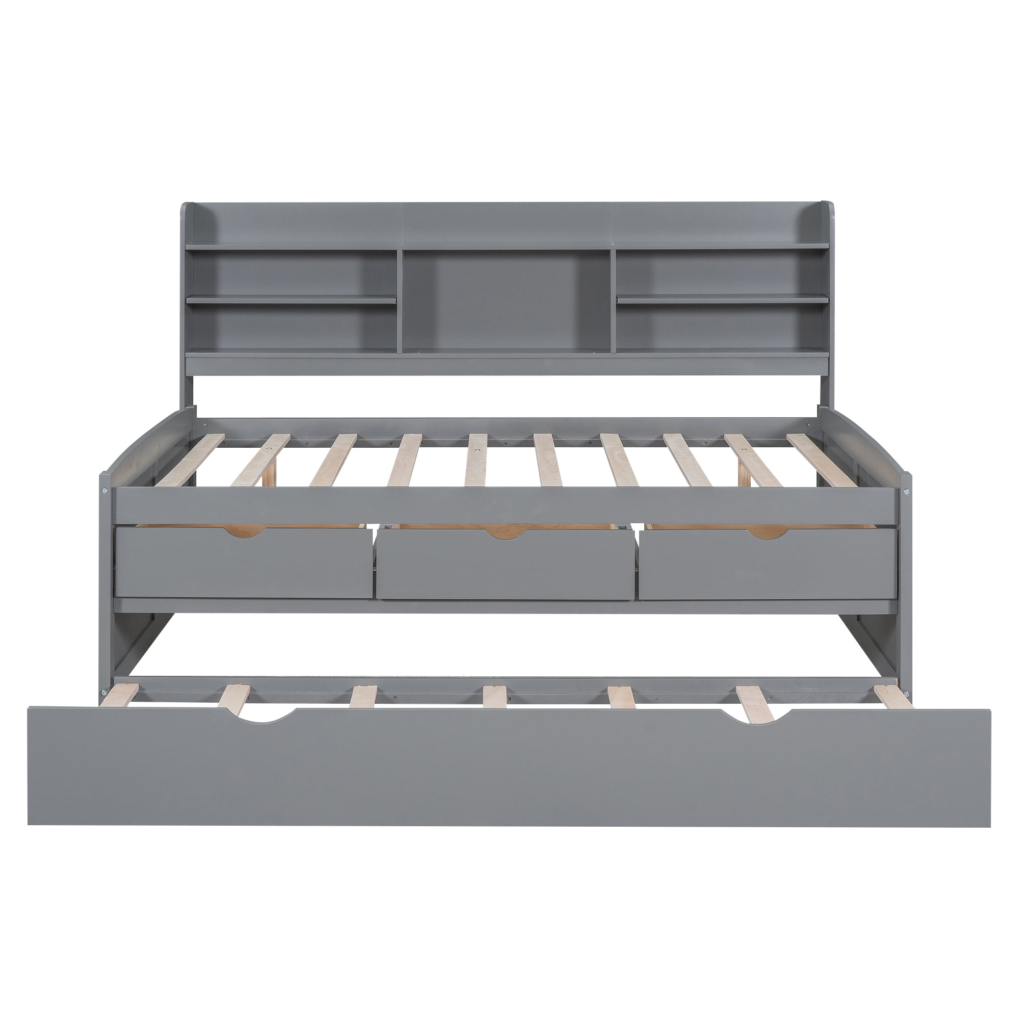 Euroco Wood Full Size Daybed with Trundle and Drawers, Wood Captain Platform Bed for Kids Teens, Light Gray
