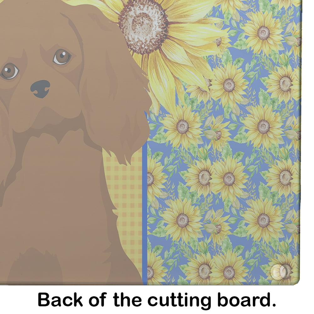 Summer Sunflowers Ruby Cavalier Spaniel Glass Cutting Board Large 12 in x 15 in