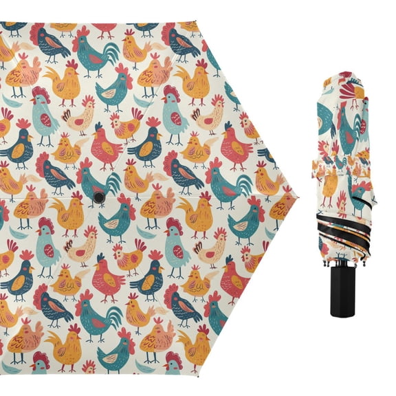 Hand Drawn Chicken Compact Sun Umbrella Windproof Travel Umbrellas for Rain Strong Portable UV Protection