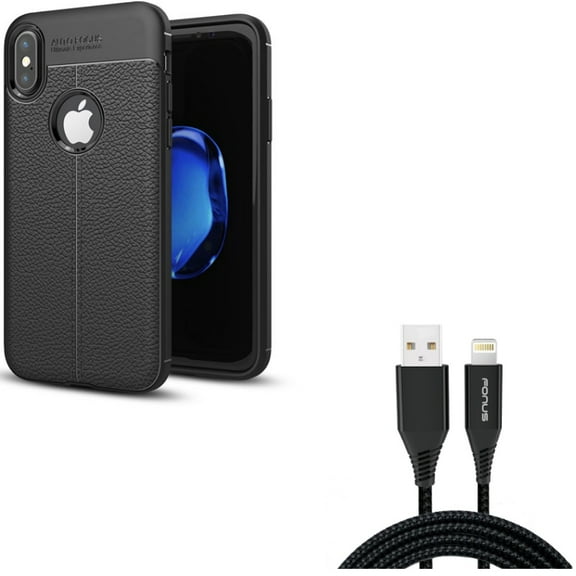 10ft USB Cable w Case for iPhone XS/X - Charger Cord Power Wire Braided Long, PU Leather Slim Fit Cover Reinforced Bumper Shock Absorbent for iPhone XS/X