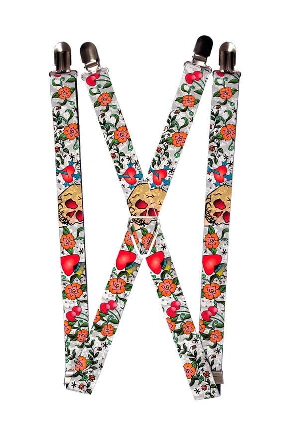 Skull Cross heart Flowers Floral Collage Suspenders