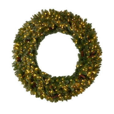 Nearly Natural 5ft. Flocked Artificial Christmas Wreath with Pinecones, 300 Clear LED Lights and 680 Bendable Branches