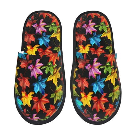 Balery Rainbow Colorful Maple Leaves Slient Indoor Furry Fleece Comfort House Shoes Soft Non-Slip Home Shoes Cotton slippers House Slippers-- Large