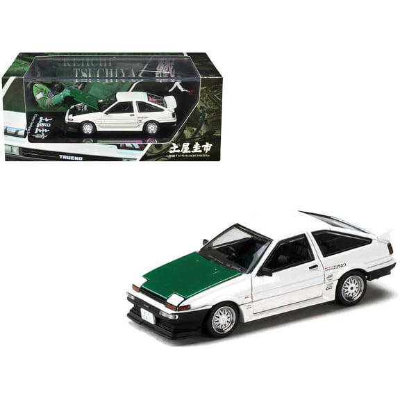 Toyota Sprinter Trueno (AE86) RHD "Keiichi Tsuchiya" White with Green Carbon Hood 1/64 Diecast Model Car by Hobby Japan