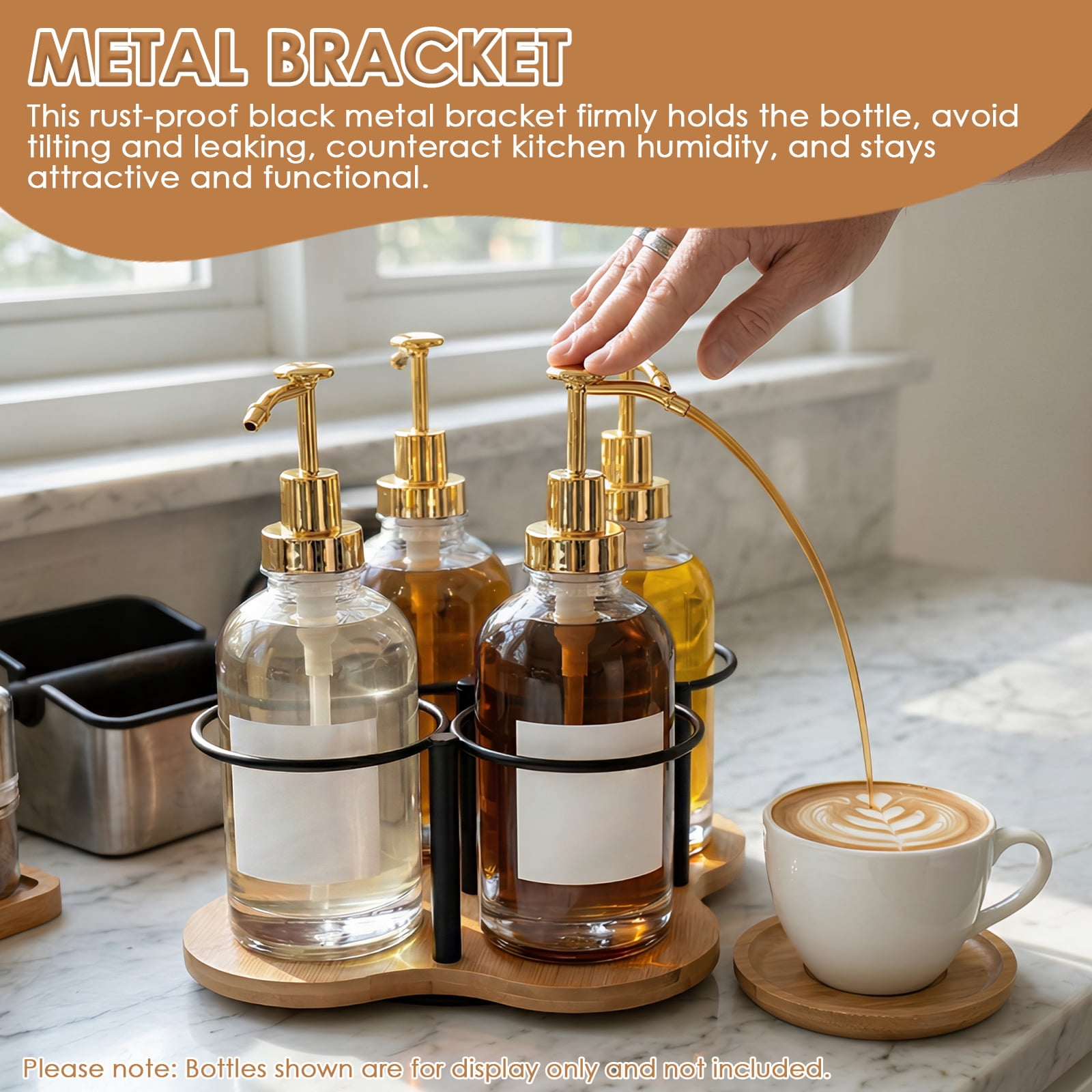 Rotating Coffee Syrup Organizer Wood and Metal 16.9oz Syrup Bottle Holder for Countertop Coffee Bar Accessories with 4 Separate Slots