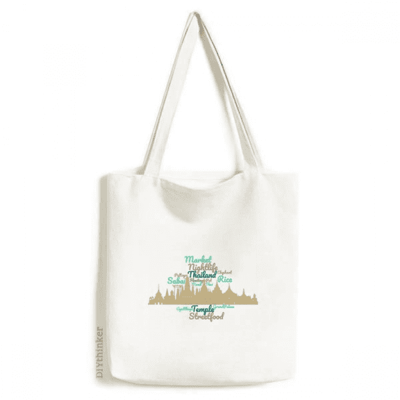 Thailand Building Temple Landmark Wordcloud Tote Canvas Bag Shopping Satchel Casual Handbag