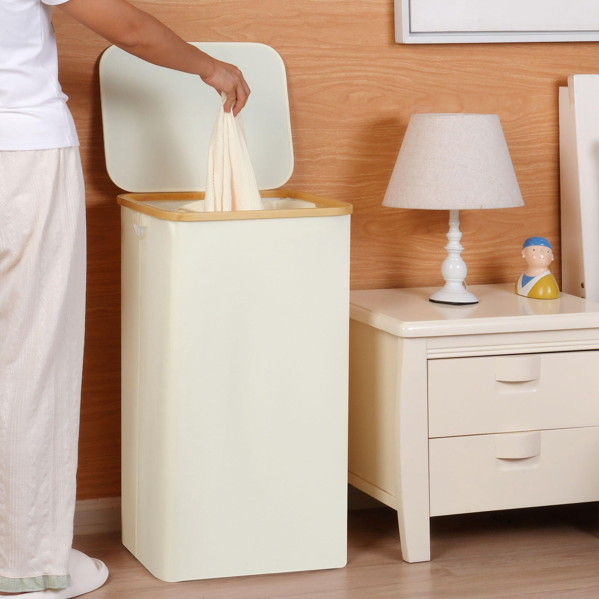 Efluky Laundry Hamper with Lid, 100L Tall Laundry Basket with Bamboo Handles for Clothes and Toys, Collapsible Laundry Hamper with Inner Bag for Bedroom and Bathroom, Beige