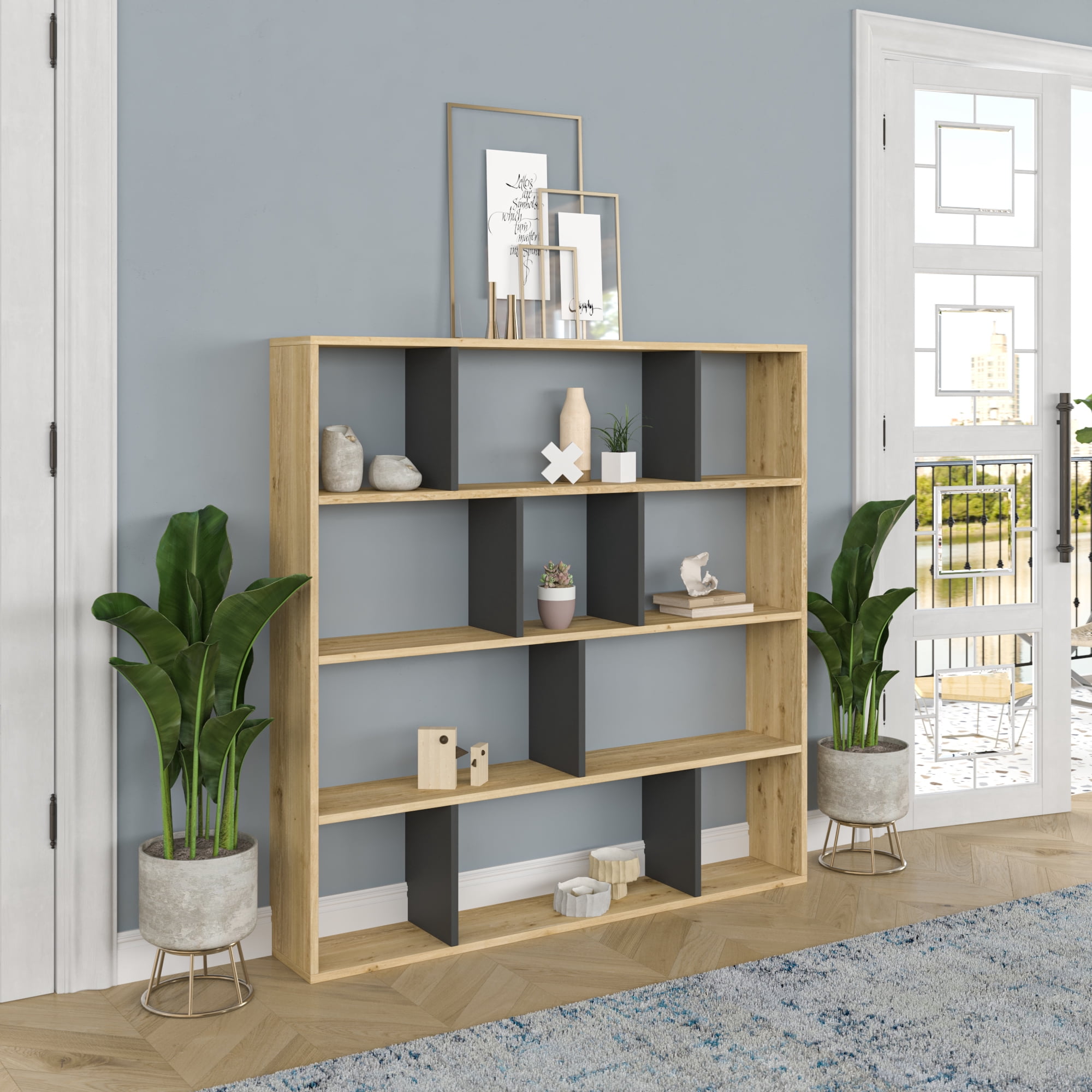 Ada Home Decor Hobdi 4 Tier Open Shelf Cube Modern Bookcase, Oak/Anthracite