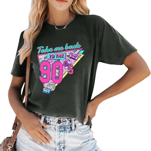 Vintage 90's Stylish Casual Ladies Short Sleeved Party Print Top T Shirt Short Sleeve Shirt Women Athletic Tops for Women Loose Fit Active Top Pack Women Shirt for Women Fashion Short Sleeve T Shirt