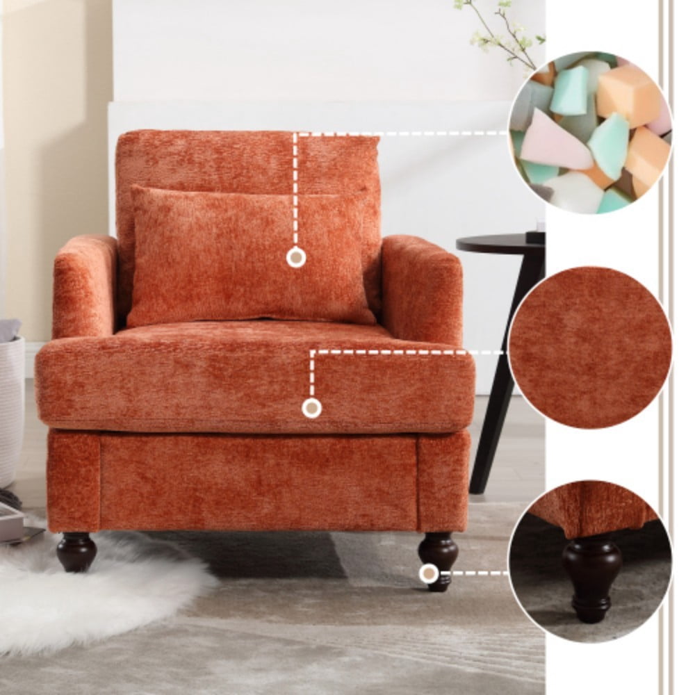 Accent Chair, Mid Century Modern Chenille Armchair with Tufted Back, Studded Solid Wood Frame, Upholstered Lounge Chair for Living Room, Bedroom, Dark Orange