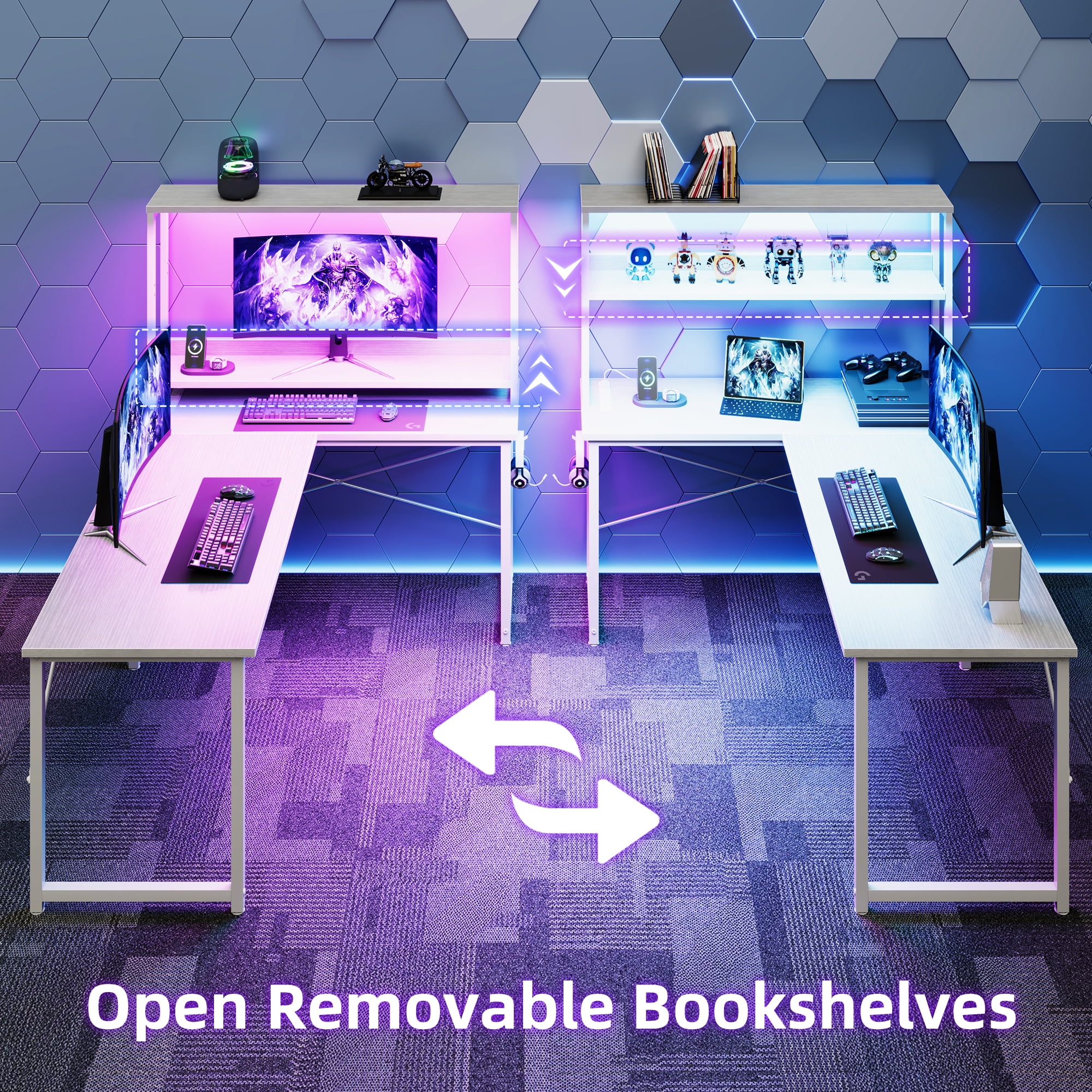 Casacomoda 53 Inch L Shaped Desk with LED Light & Power Outlet, Reversible L Shaped Computer Table with Shelf & Hook for Home Office, White