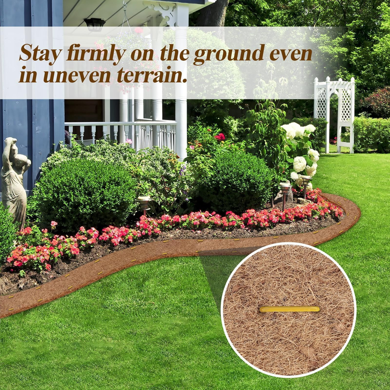 Natural Mulch for Landscaping 120" X 6.3", Coconut Fiber Mulch Mat Roll with 16 U-Shaped Steel Stakes, Garden Edging Border Mat Natural Looking Permanent Mulch Barrier for Plants Vegetables & Flowers