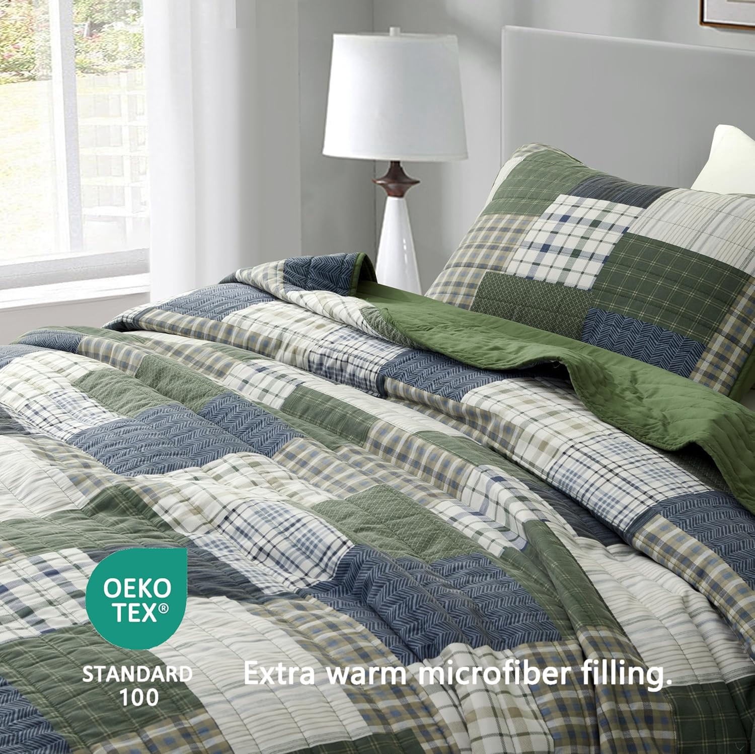 Chezmoi Collection Cedar 3-Piece Printed Patchwork Quilt Set, Green Navy Plaid Coverlet, Pre-Washed Microfiber Lightweight Bedspread for All Seasons, Oversized King Size