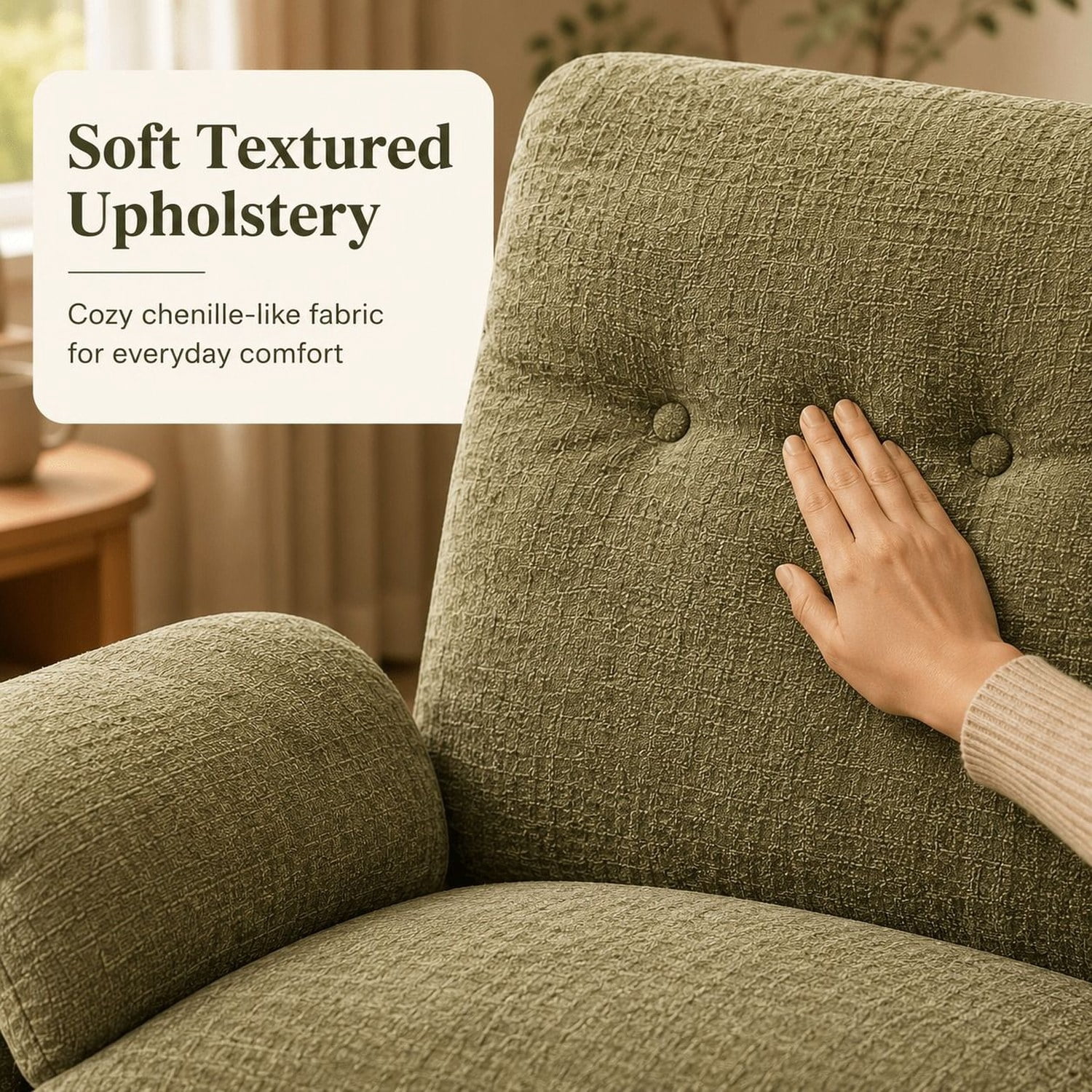 Papasan Rocking Chair with Thickened Cushion, Solid Wood Curved Rocking Base, Soft Corduroy Upholstery, Padded Armrests, Reading Lounge for Living Room, Bedroom, Nursery, Porch