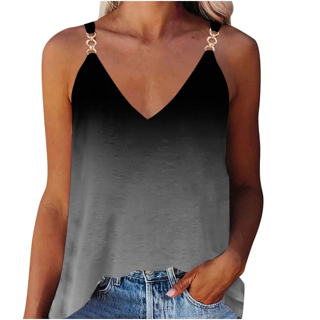 Yuyuzo Women's V Neck Tank Tops Summer Sleeveless Shirts Chain Strap Blouses Gradient Color Tunic Tops