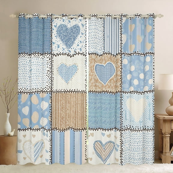 Manfei Teens Love Heart Black Out Curtains, Vintage Stripes Art Curtains Pack of 2 (42x63 Each), Blue Patchwork Plaid Bedroom Curtains, Window Curtains Bedroom Decor