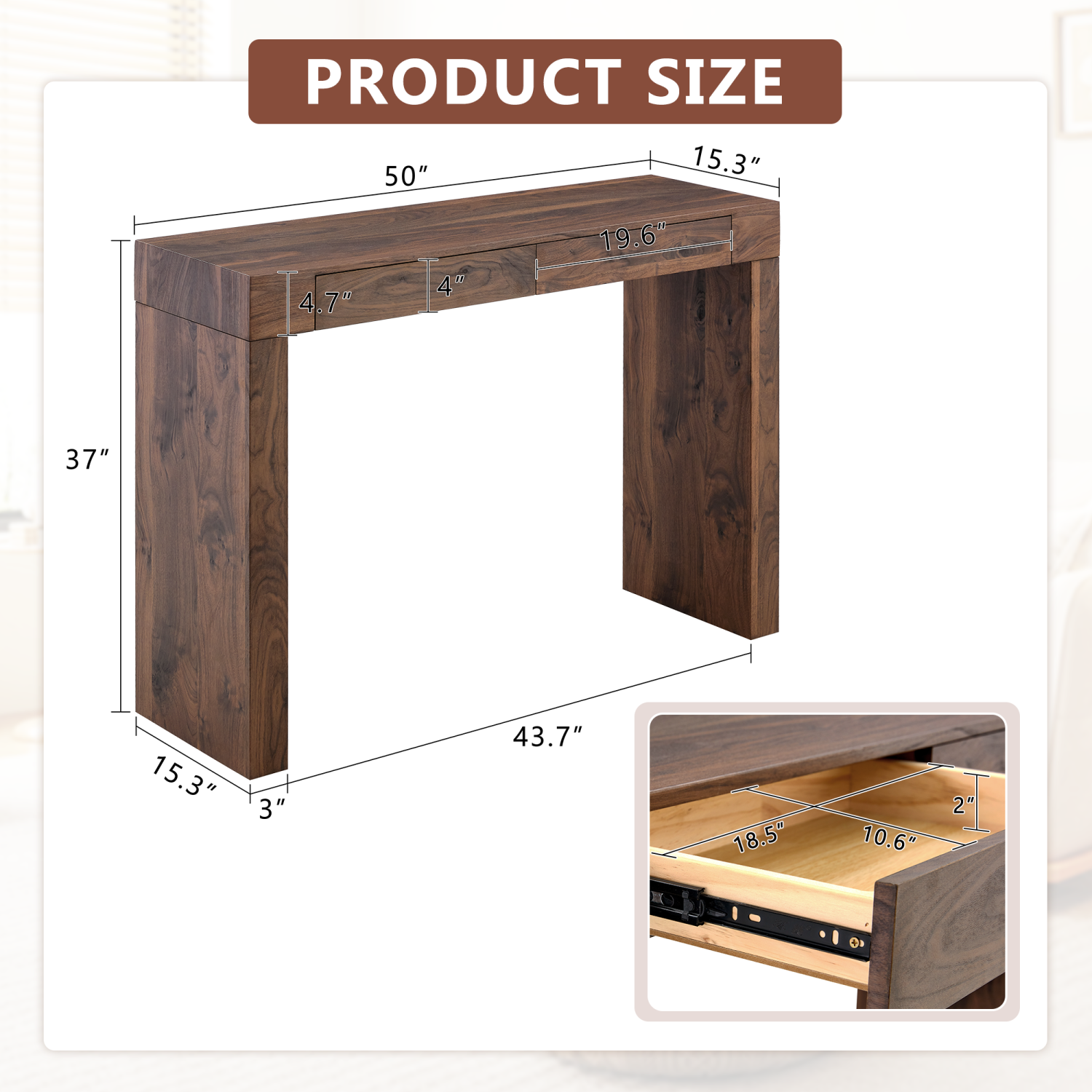 Youmumeub Modern Walnut Console Table & Desk, 50 Inch Narrow Entryway Table with Storage Drawers, High Standing Computer Desk for Home Office & Hallway, Natural