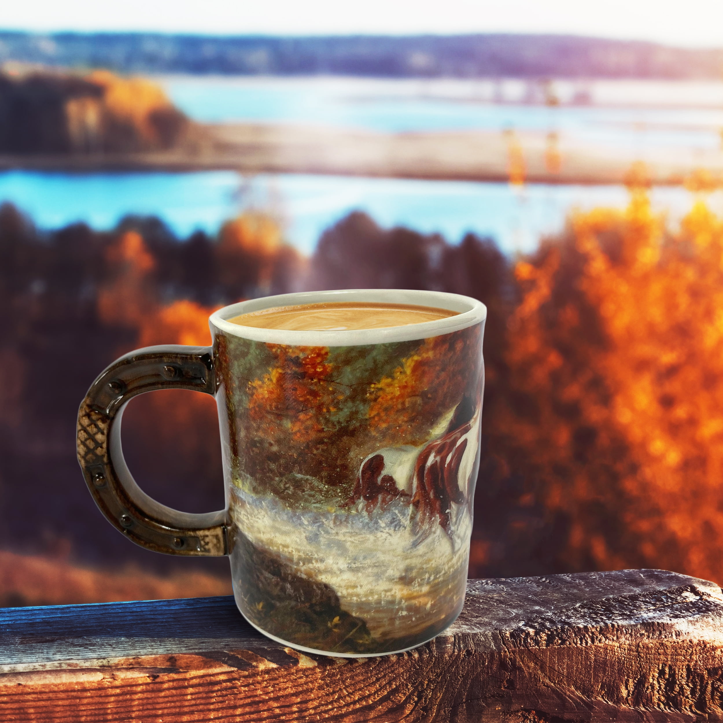 Rivers Edge Products Horse 3D Ceramic Coffee Mug with Handle, 15 Ounces, Espresso Cups and Coffee Cups Ceramic, Perfect for Coffee, Expresso, Latte, or Tea, Horse Scene