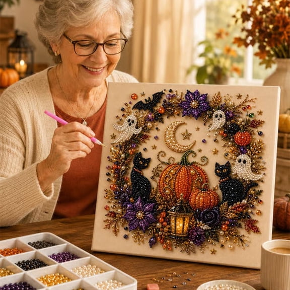 Halloween Pumpkin Pearl Art DIY Kit, Cute Pumpkin/ 3D Diamond Painting Crafts, DIY Fall Home Decor Wall Art, Beginner DIY Seasonal Party Gift– Turn Tiny Pearls into Spooky-Cute Magic