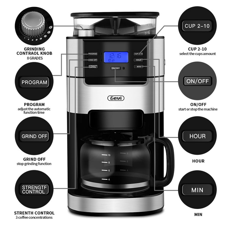 Teglu Coffee Maker with Grinder 12 Cups, Programmable Grind and