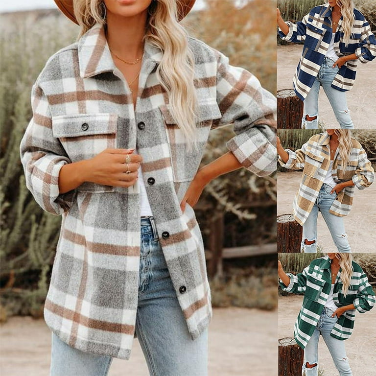 Womens Flannel Plaid Shirt Jacket Button Down Long Sleeve Shacket Coat Fall  Warm Outwear Clothes 