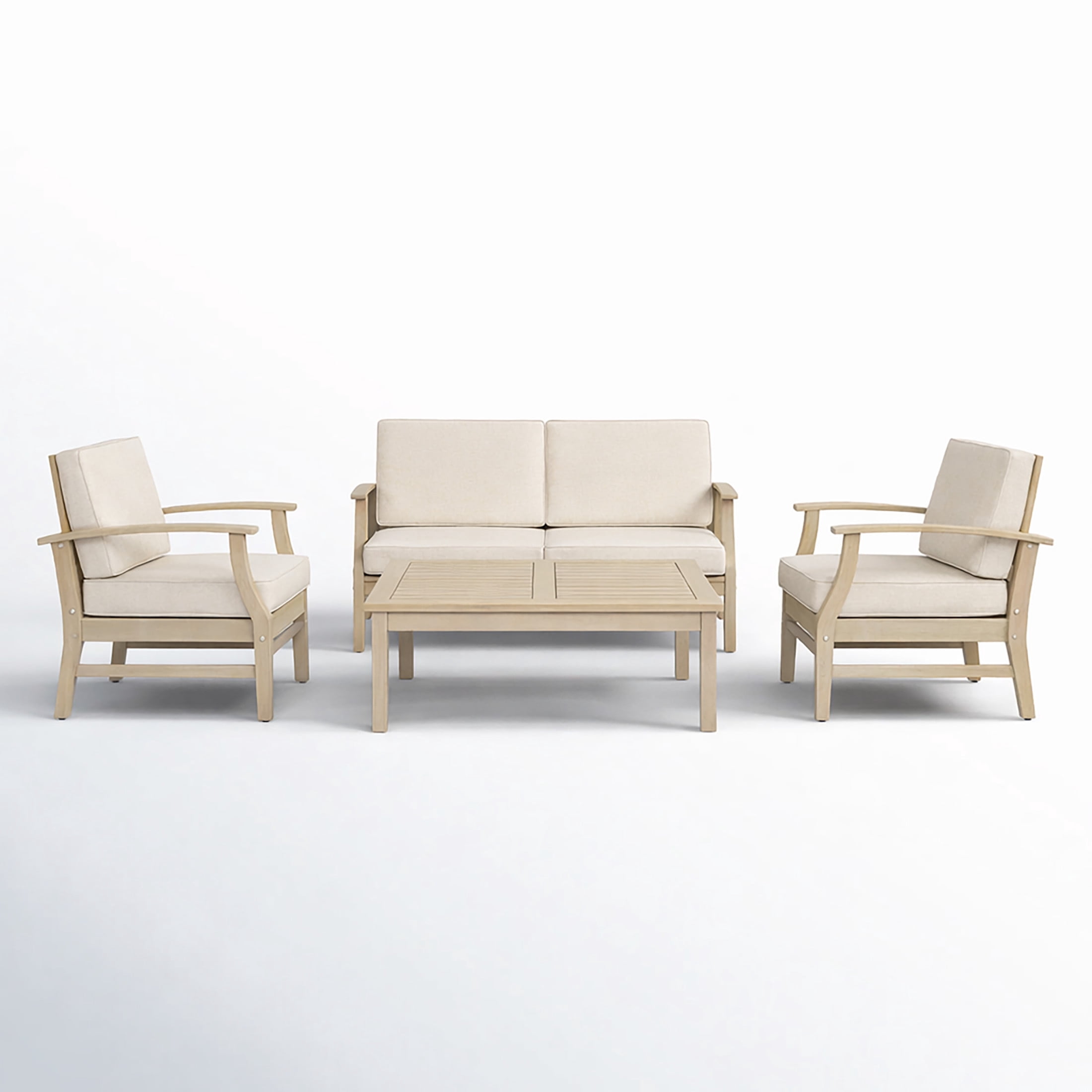 Christopher Knight Home 4-Seater Outdoor Wood Conversation Set with Table, Sand Cushions, Light White Finish