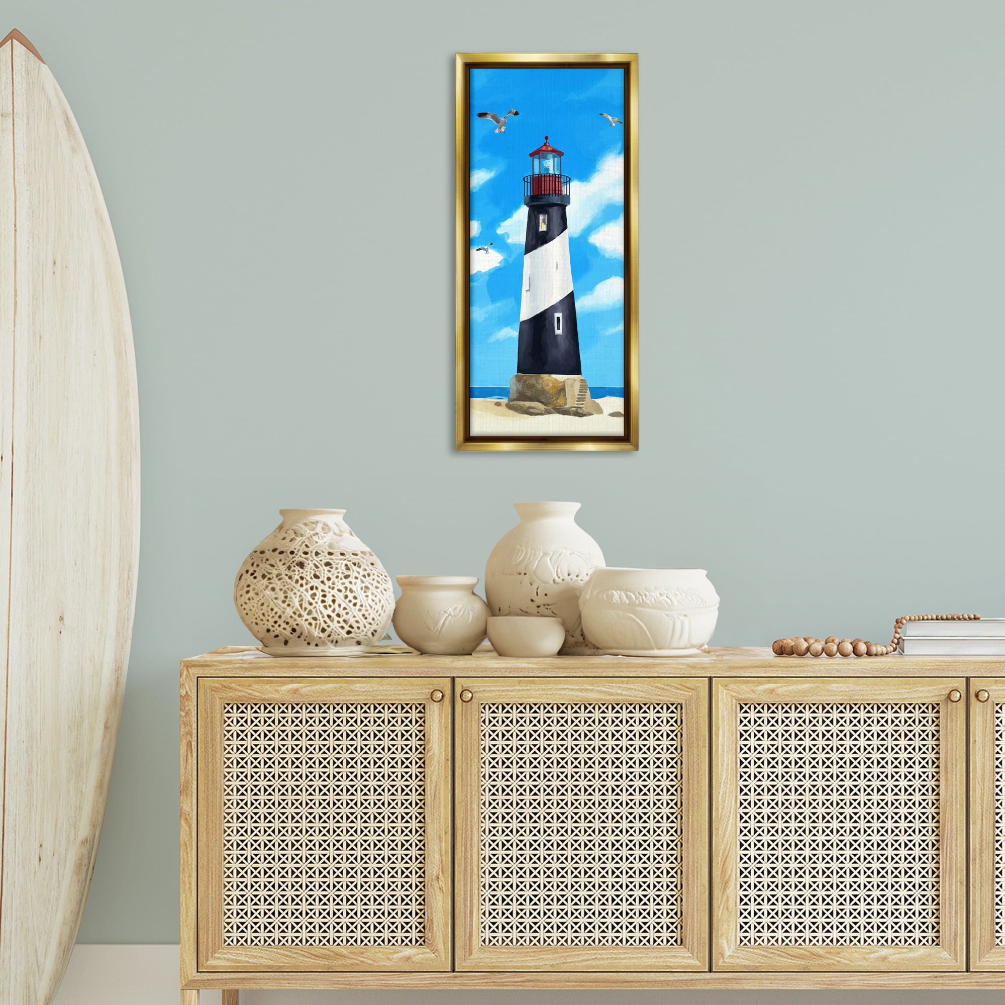 Stupell Industries Lighthouse on Beach Coastal Painting Gold Floater Framed Canvas Art Print Wall Art, 15 x 31