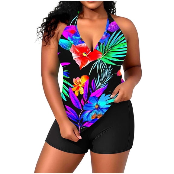 Levmjia Plus Size Women's Swimwear Adjustable Halter Tankini Set Built - in Bra Floral Print Swimsuit XL - 5XL, High Waisted Bikini Bottom Quick Dry Tummy Control