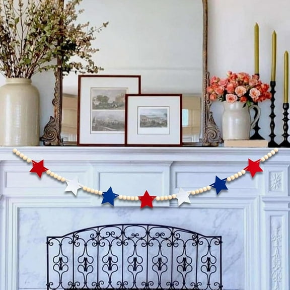 TETOU American Patriotic Wooden Bead String with Star-Shaped Charms, Red White Blue Beaded Garland for Independence Day 4th of July Home Fireplace Wall Decor - 127cm/50inch