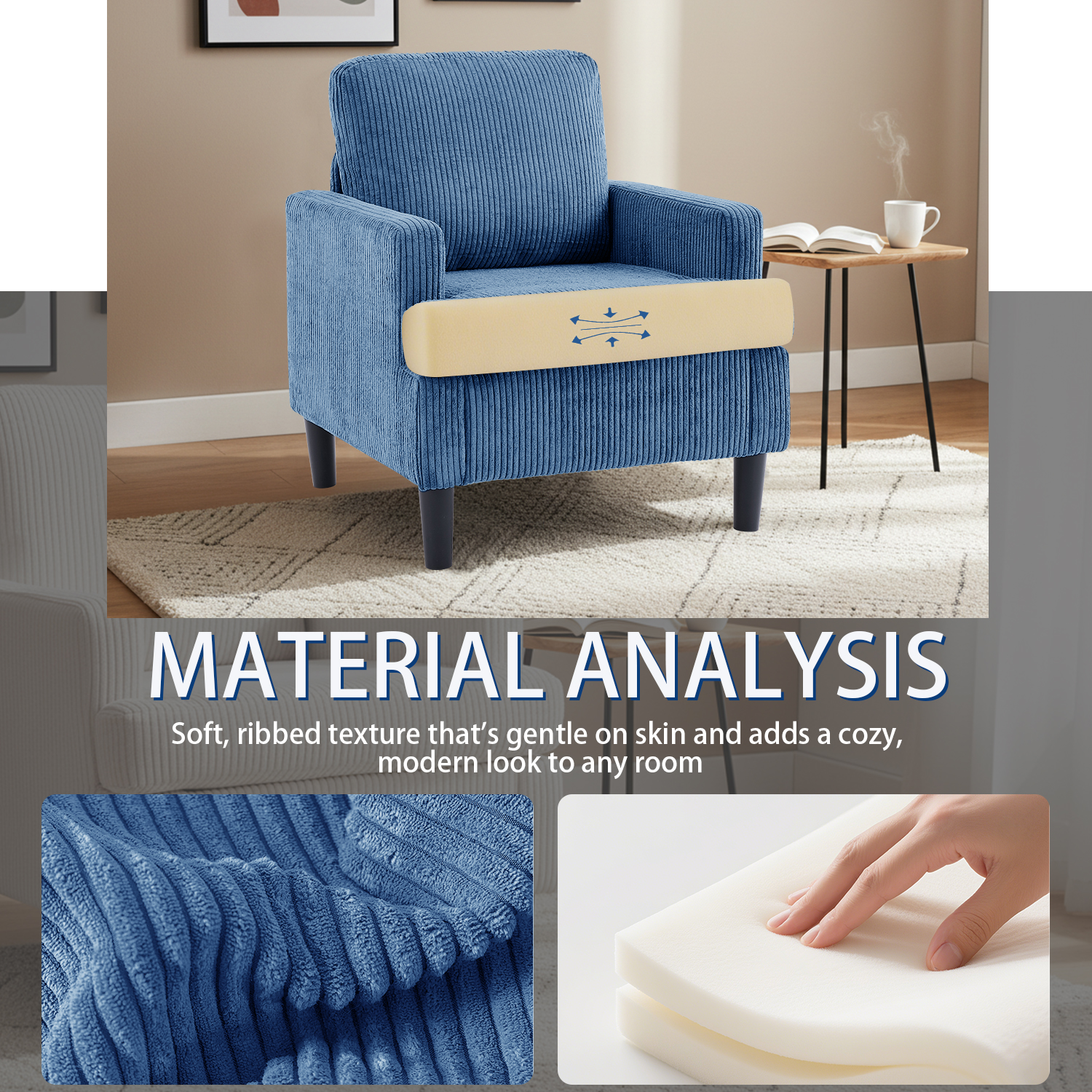 Modern Accent Chair Cozy Living Room Chairs Mid Century Modern Accent Chairs Reading Chair with Armrests for Living Room, Bedroom and Study（Blue）