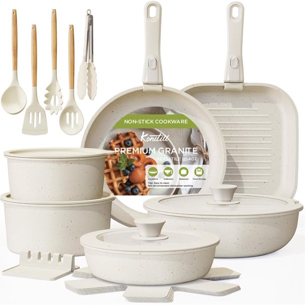 Juego de ollas y sartenes antiadherentes, Juego de 23 Ollas, Sarten Batería de Cocina, Juego de Sartenes con Mango Desmontable, Batería de Cocina Apto para Lavaplatos Y Horno (Blanco cálido)
