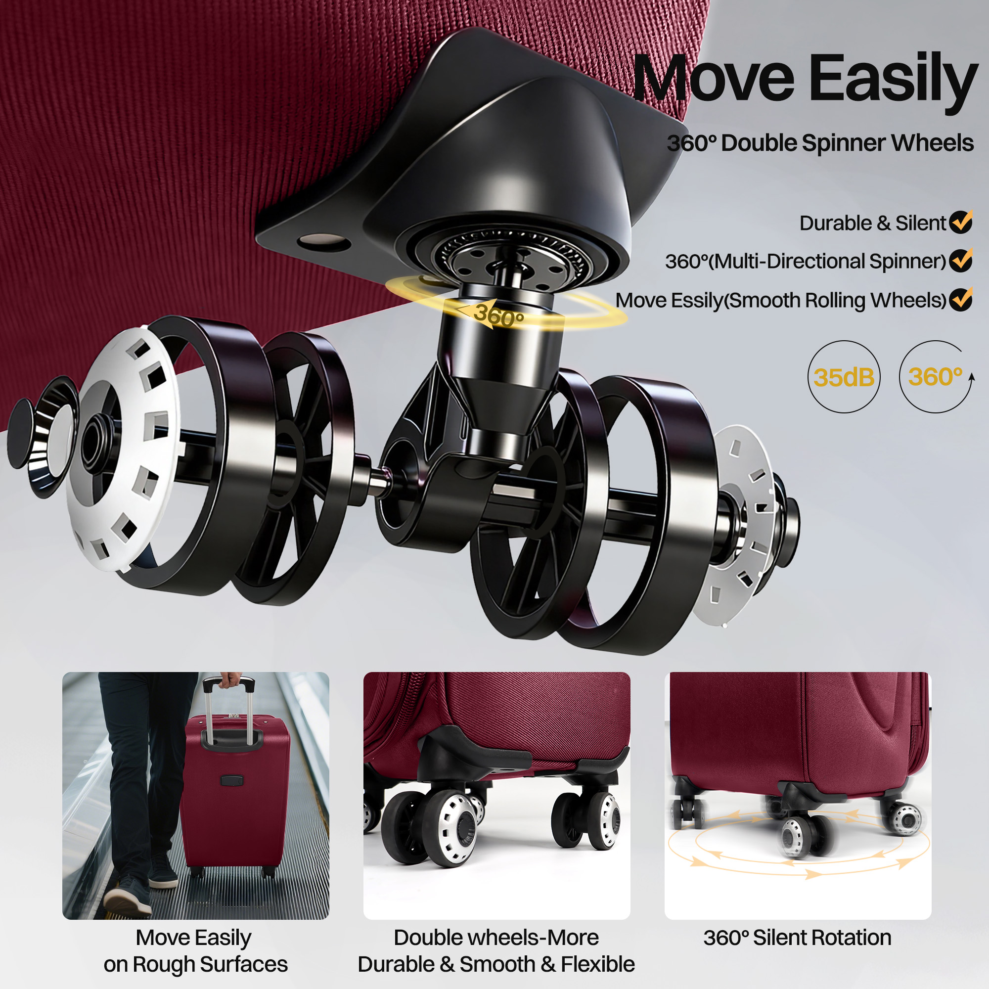 New York Xpress 2-Piece Softside Luggage Set Lightweight Expandable Spinner Suitcase, 20" Carry-on & 28" Checked, Burgundy/Grey, WD8815