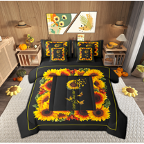 Manfei Vibrant Rustic Sunflower Bedding Comforter Set 7pcs for Teens, Autumn Happy Harvest Queen Bedding Sets, Black Orange Reversible Queen Sheet Sets, Lightweight Room Decor