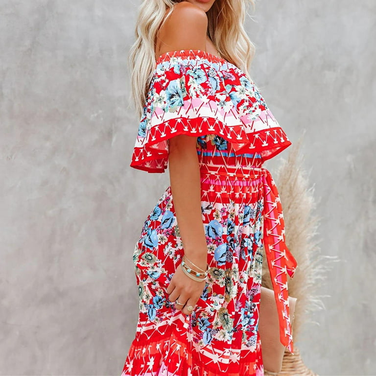 Deals of the Day,Jovati Womens Summer Plus Size Off The Shoulder Ruffle  Casual Party Formal Dresses Side Split Beach Boho Hawaiian Flowy Maxi Dress  on