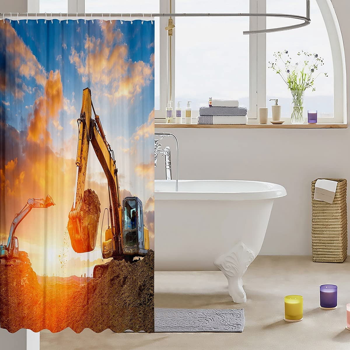 Boys Car Bath Curtain Excavator Truck Shower Curtain for Kids Children Men Construction Vehicles Print Bathroom Shower Curtain Set Soft Heavy Machinery Cars Decor Waterproof 72"x72"