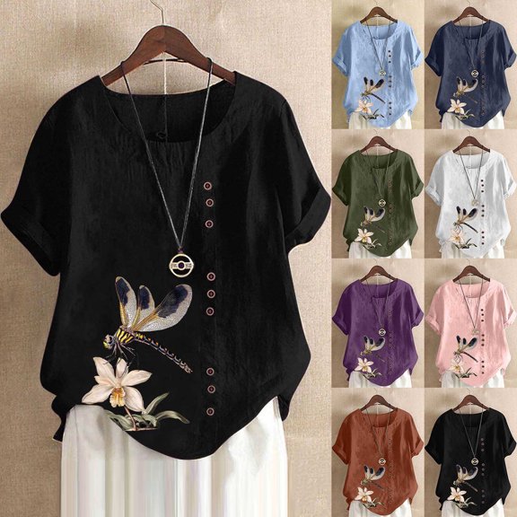 QETYUW Womens Summer Tops Cotton Linen Roll Up Short Sleeve Blouses Plus Size Crew Neck Shirts Floral Print Blouse Holiday Casual Tshirts