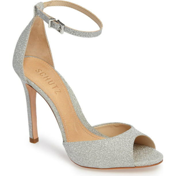 Schutz SASHA Sandal Silver Peep Toe Ankle Strap Glitter Pumps (6) - Walmart.com