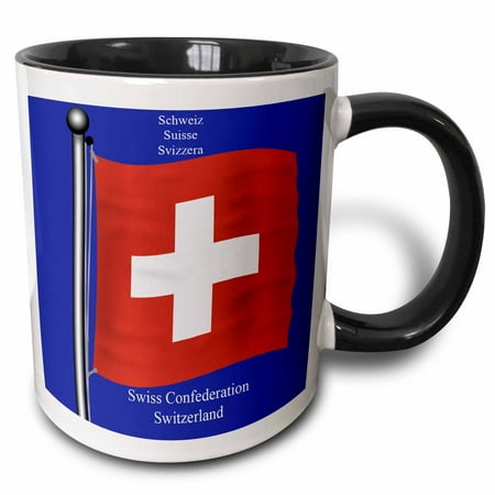 3drose, the Flag of Switzerland with Swiss Confederation, Switzerland in English, German, French and Italian, 11oz Two-tone Black Mug