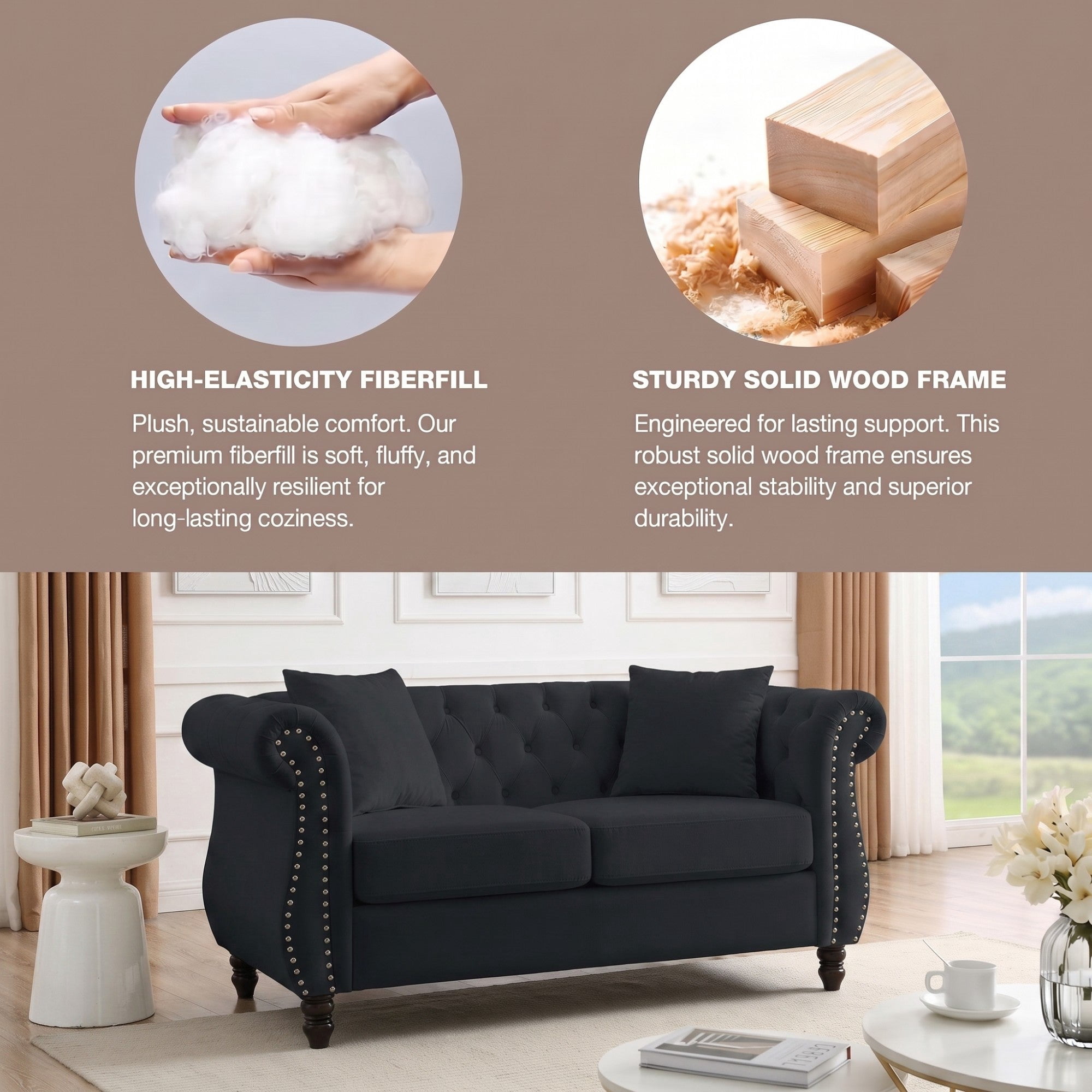 Sailvan 58.8" Velvet Chesterfield Sofa, 2 Seater Tufted Loveseat with Rolled Arms & Nailhead Trim,Couch for Living Room & Office Black