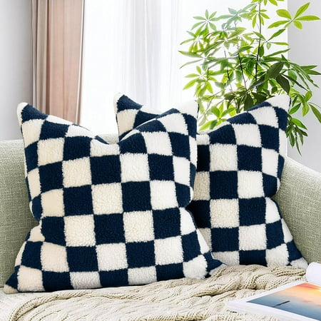 

AmHoo Pack of 2 Decorative Throw Pillow Covers Checkerboard Luxury Super Soft Faux Fur Wool Set Case Cushion for Couch Sofa Bedroom 16x16-Inch Navy Blue