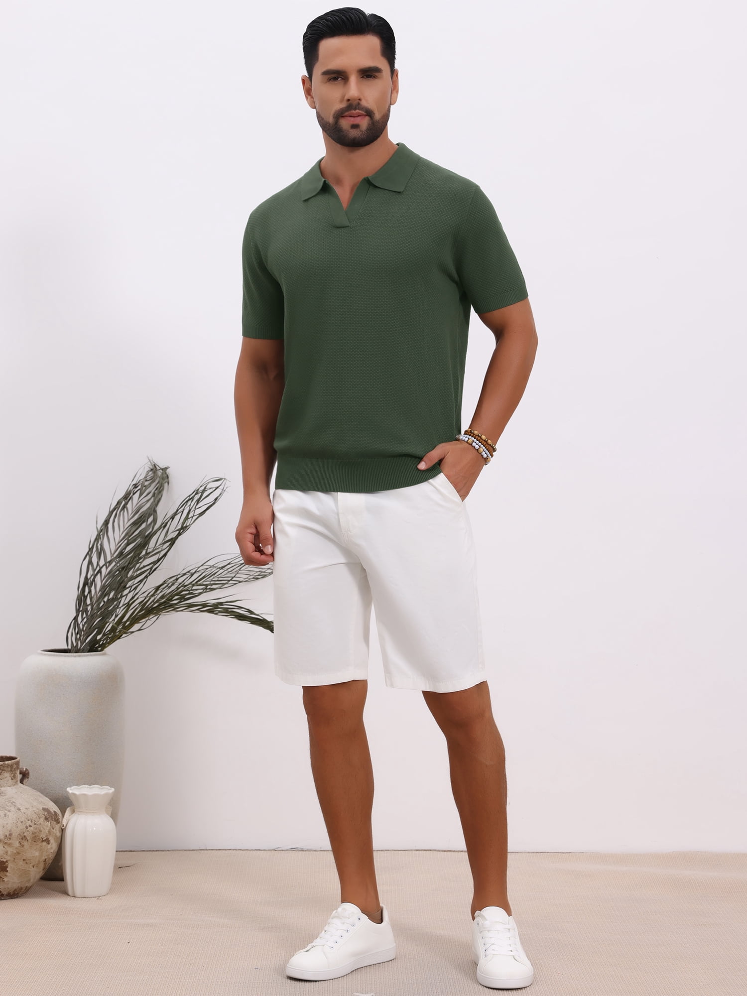 DARING DIVA Men's Textured Knit V Neck Short Sleeve Casual Golf Polo Shirt 2XL Olive Green