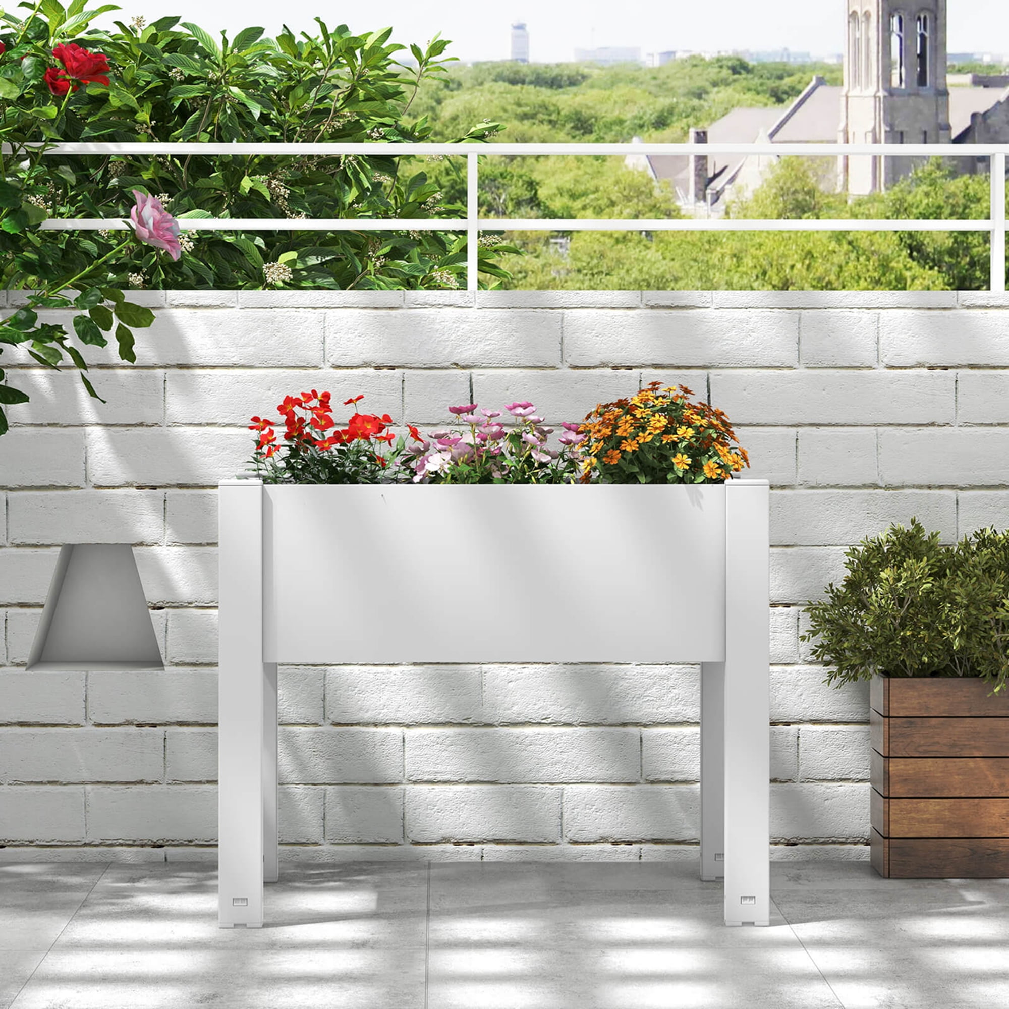 Costway Raised Garden Bed with Water Level Indicator Drainage Hole for Vegetables Outdoor Greyish-white