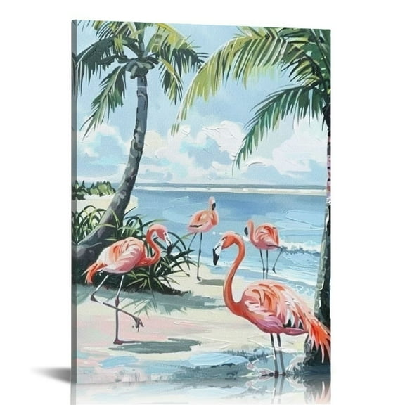 Acheng Flamingo Palm Tree Bathroom Pictures Wall Art Coastal Beach Flamingo Wall Decor Nautical Canvas Painting Framed Artwork for Bathroom Living Room Bedroom  12x16 in
