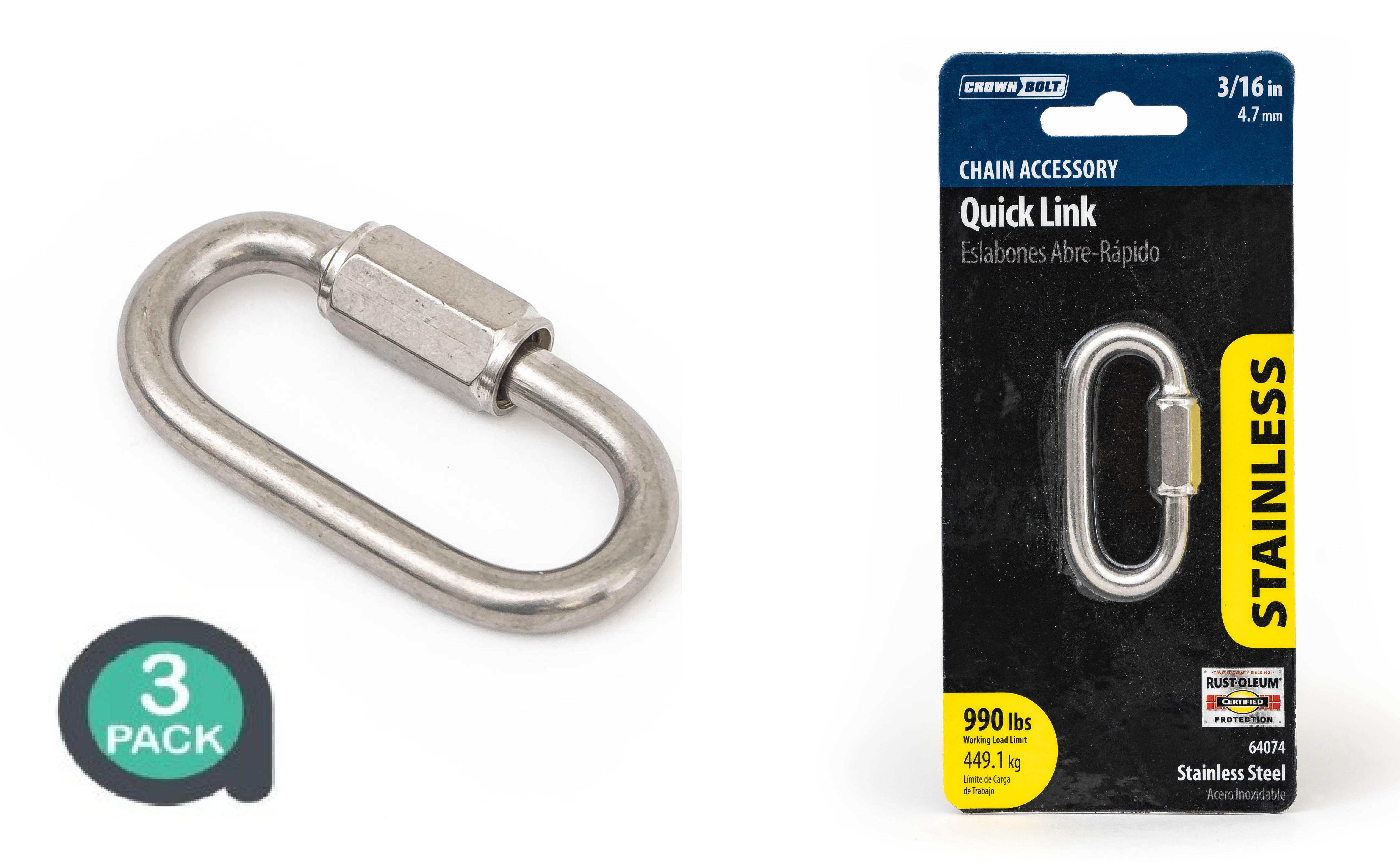 Lock fastener Carabiner.. Extend screw Chain link 3/8 Inches Quick link 