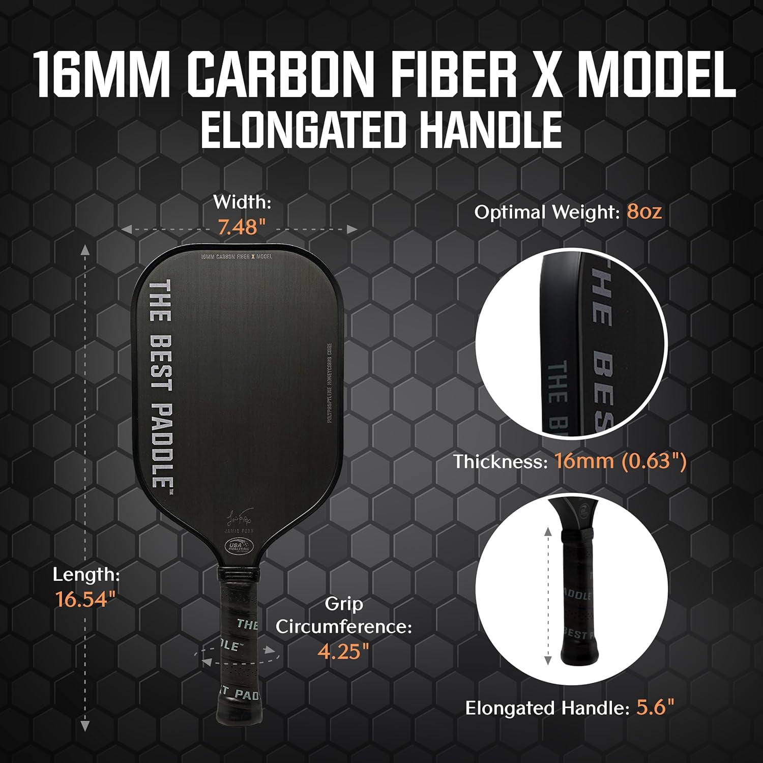 The Best Paddle Pickleball Paddle Carbon Fiber 16mm Polymer Core Elongated Handle USAPA Certified