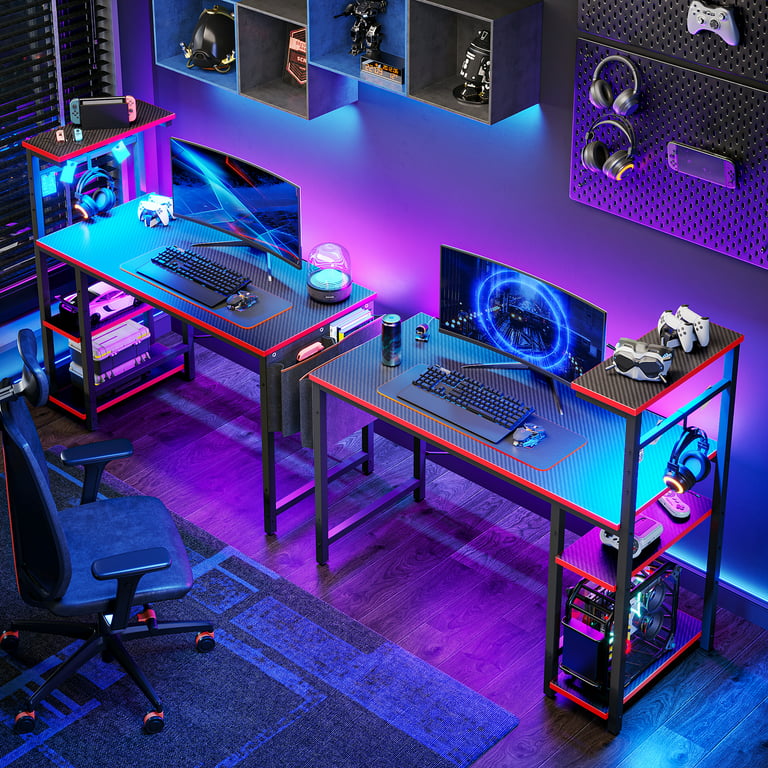Bestier Reversible 44 inch Computer Desk with LED Lights Gaming Desk , 4  Tier Shelves Carbon Fiber