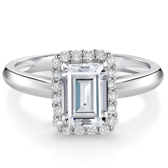 Gem Stone King 1.16 Cttw 10K White Gold White Moissanite and Lab Grown Diamond Halo Engagement Ring | Emerald Cut 7X5MM (Size 5)