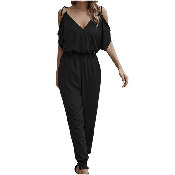 Usmixi Womens Jumpsuits Sexy Cold Shoudler Spaghetti Strap Elastic Waist Pocket Long Jumpsuits Trendy Solid V-Neck Short Sleeve Maxi Summer Rompers Black xl